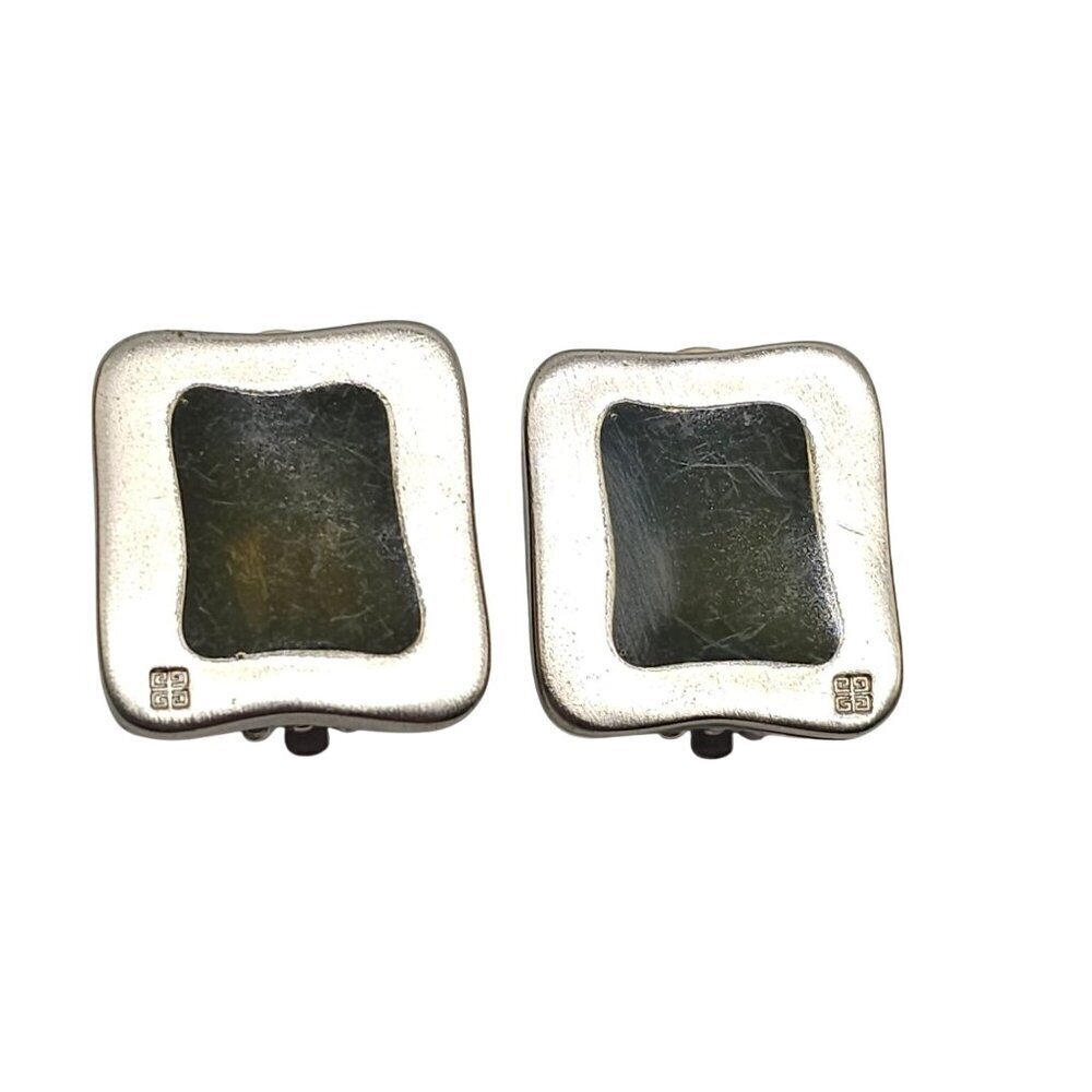 Vintage Givenchy Silver Green Enamel Clip On Earrings Designer 1980s